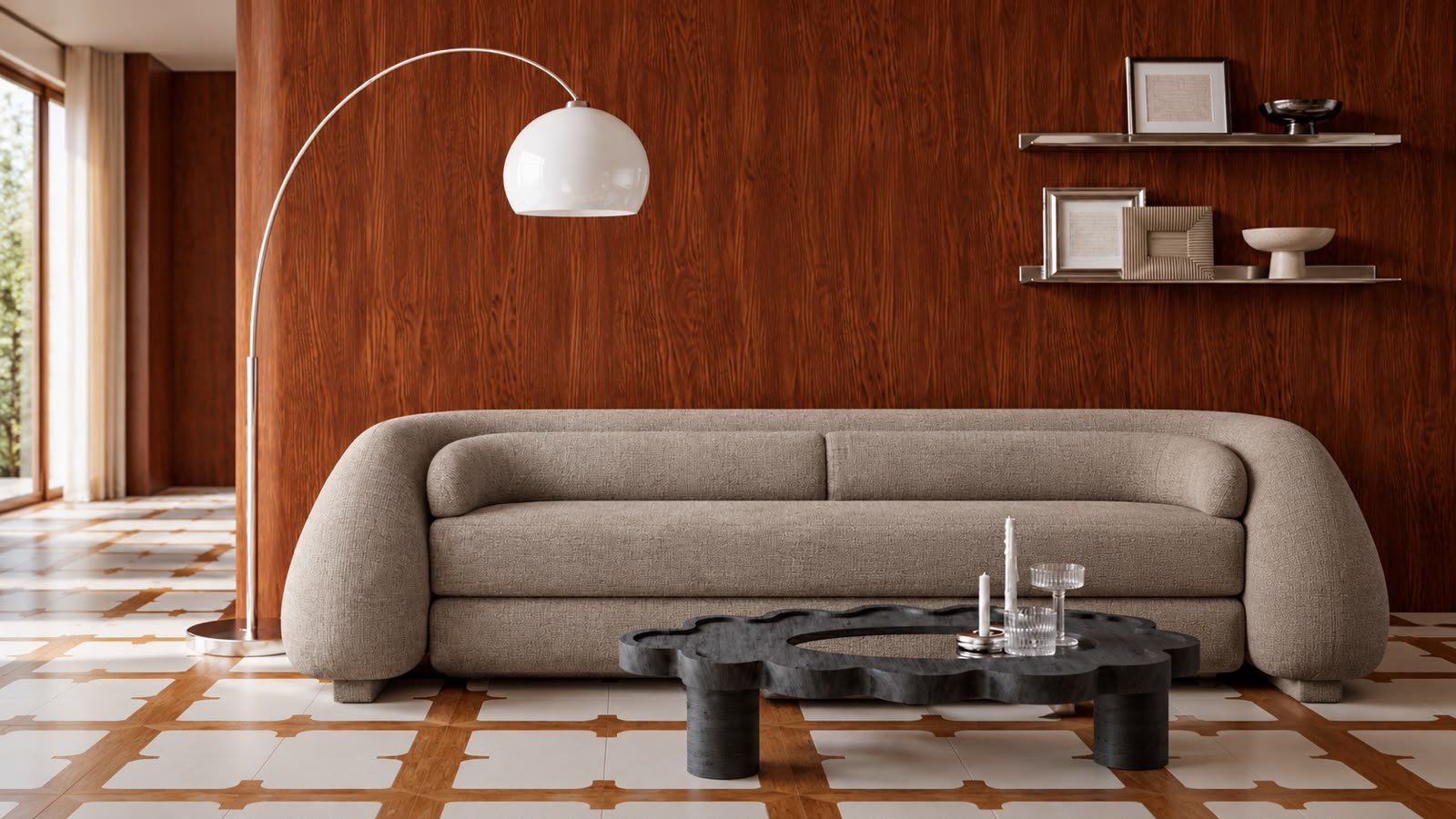 Sofá curvilíneo crema con lámpara de arco