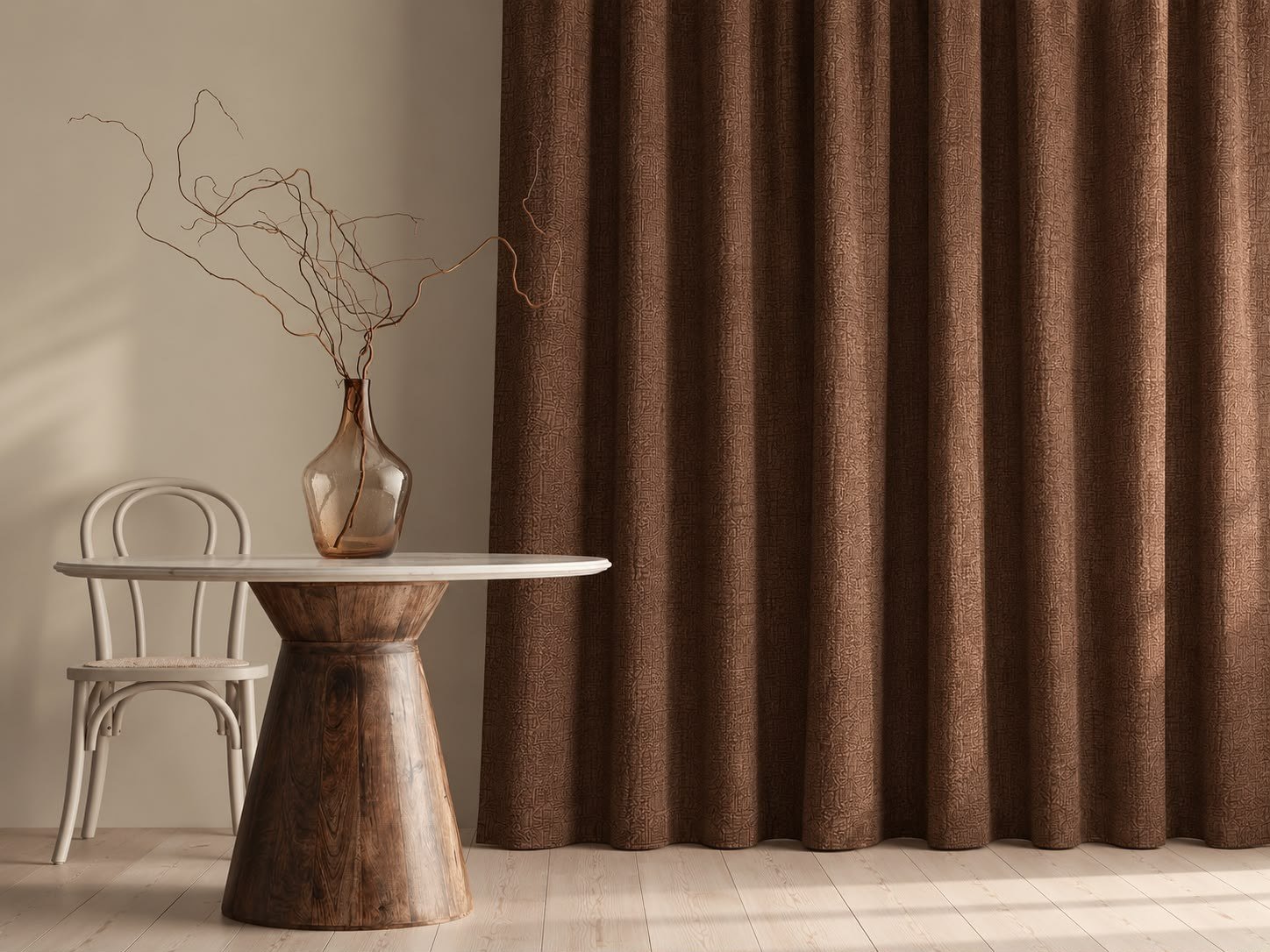 Ambiente contemporáneo con cortinas elegantes en tela texturizada Goldtex Colombia