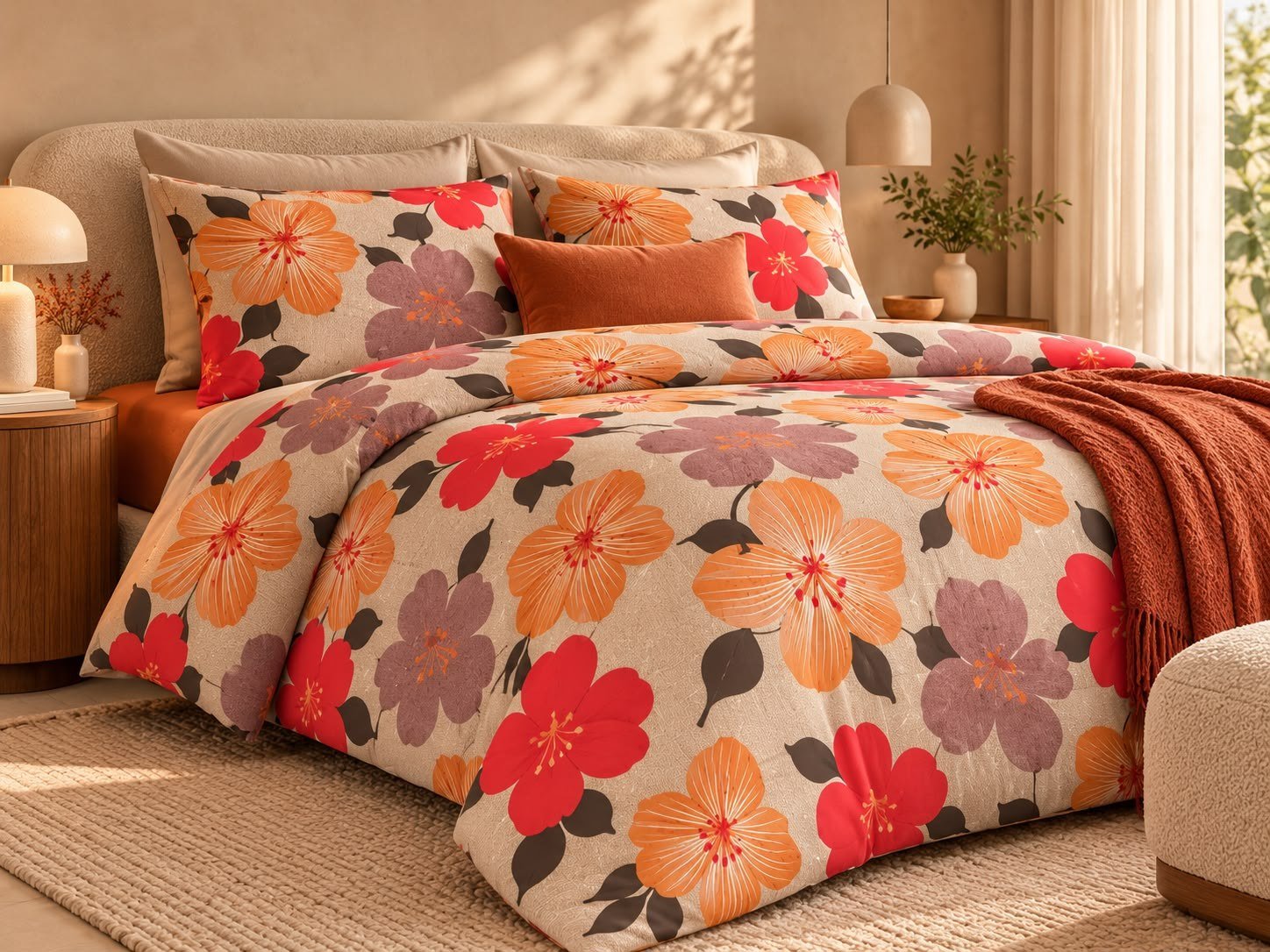 Dormitorio con juego de cama y plumón en tela estampada floral Goldtex