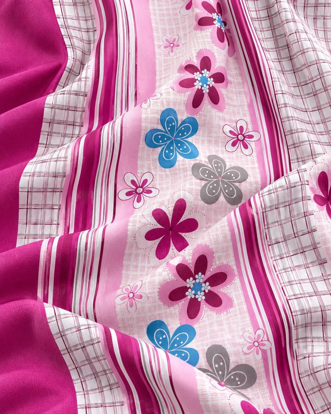 Tela lencería cenefa floral rosa y malva Goldtex